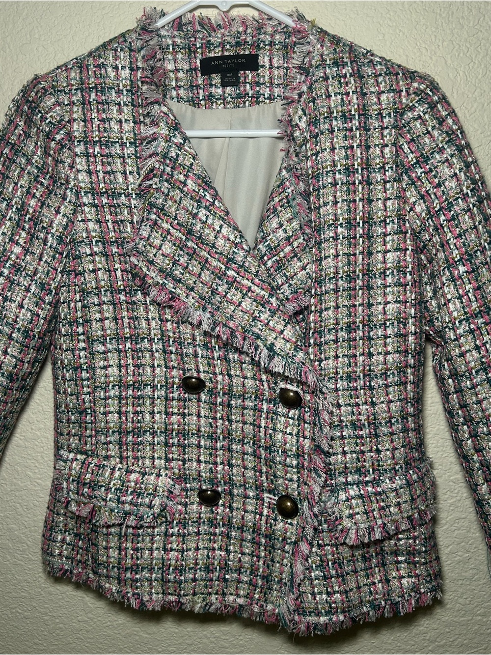 Ann Taylor Pink Multi-Color Tweed Double-Breasted Fringe Jacket 00P Girl Mature - Picture 3 of 8